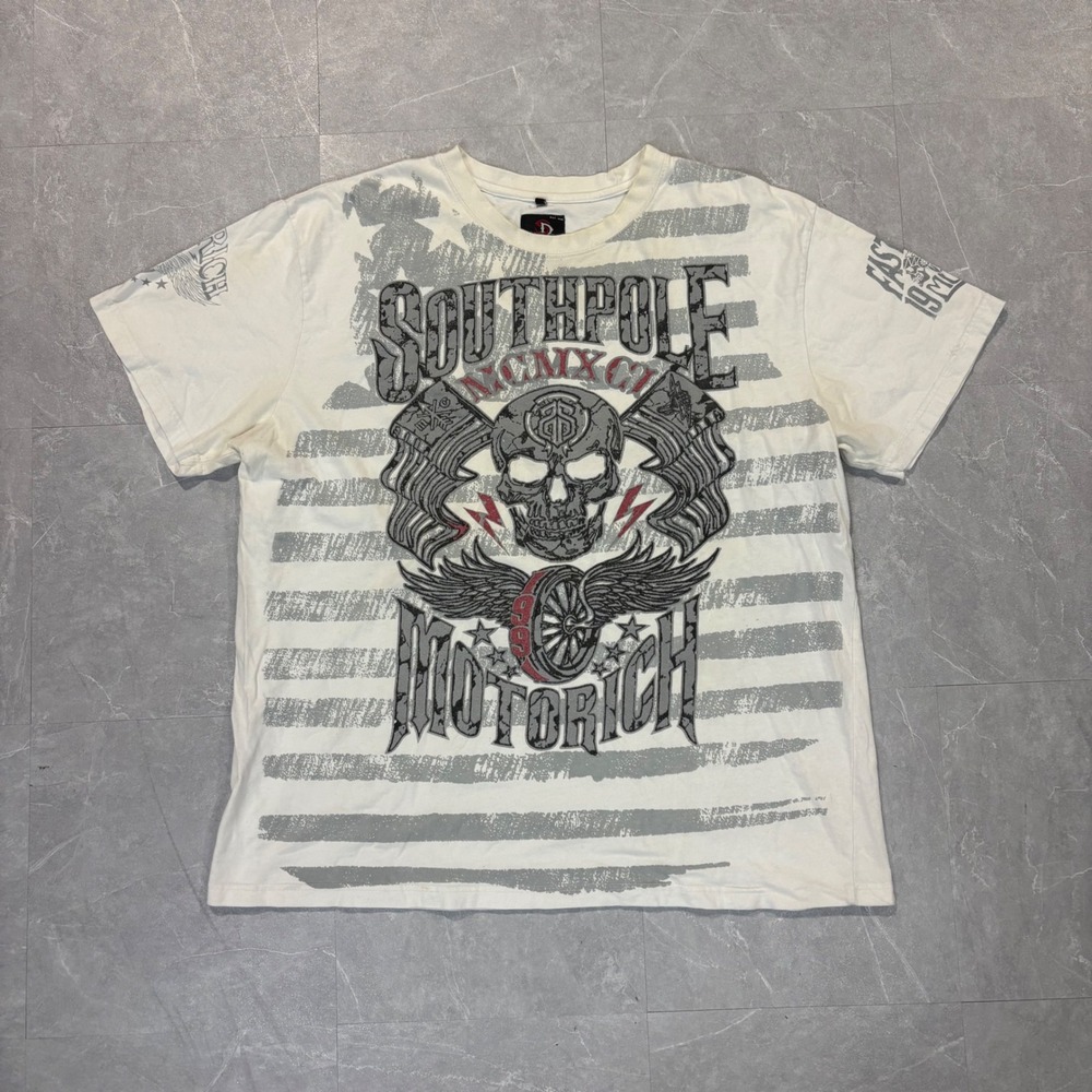 Southpole Premium Mens Graphic T-Shirt White Skull Motorich Y2K Streetwear XL